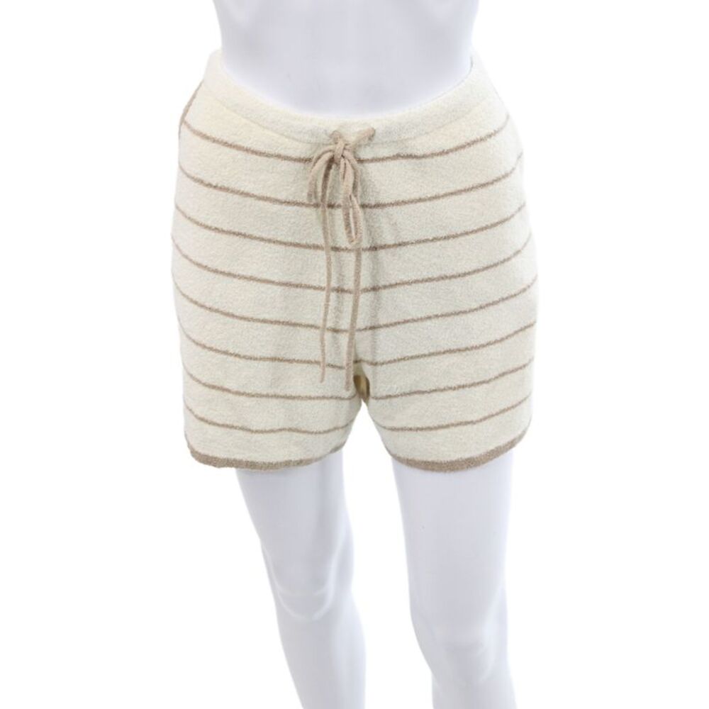DH Women Sweat Shorts Beige Striped Drawstring 85% Cotton Casual Size M